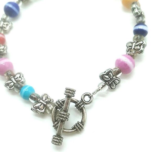 Colorful Rainbow Glass Beaded Toggle Bracelet-Anklet w Silver-tone Butterflies - Picture 7 of 15